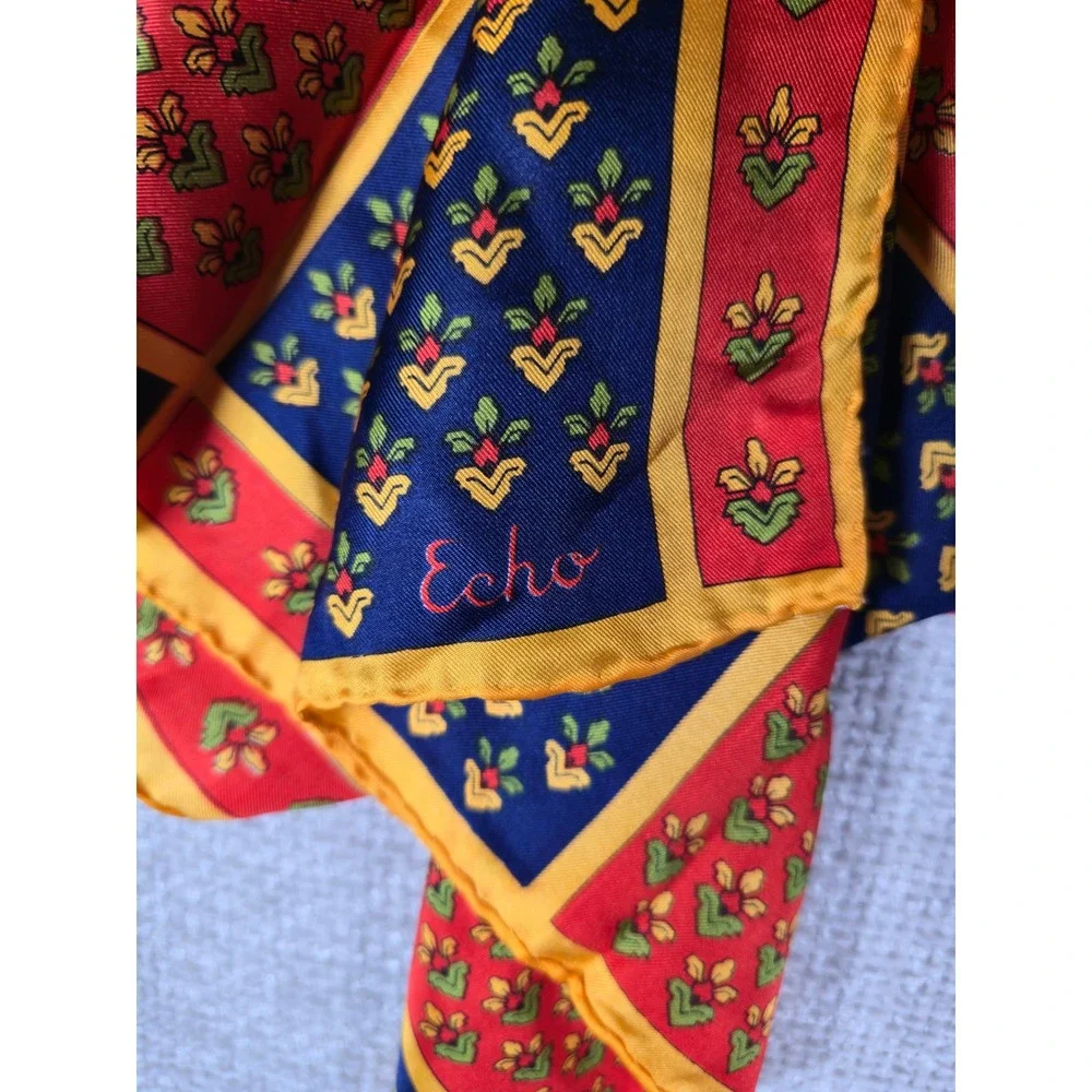Echo Vintage 100% Pure Silk Scarf Red Navy Blue Yellow Floral Grid Made in Japan